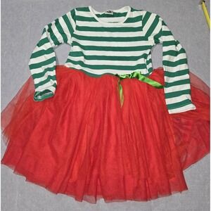 Christmas Holiday Dress Girls SZ 3XL Green White Striped Top Red Tulle Skirt